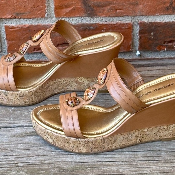 ANTONIO MELANI Shoes - Antonio Melani Jisele Brown Leather Comfort Cork Wedge Heels Slides 9.5M